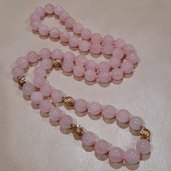 Estate Jewelry - Rose Quartz and Gold Beaded Necklace, Hand Knotted Pink Stone Necklace